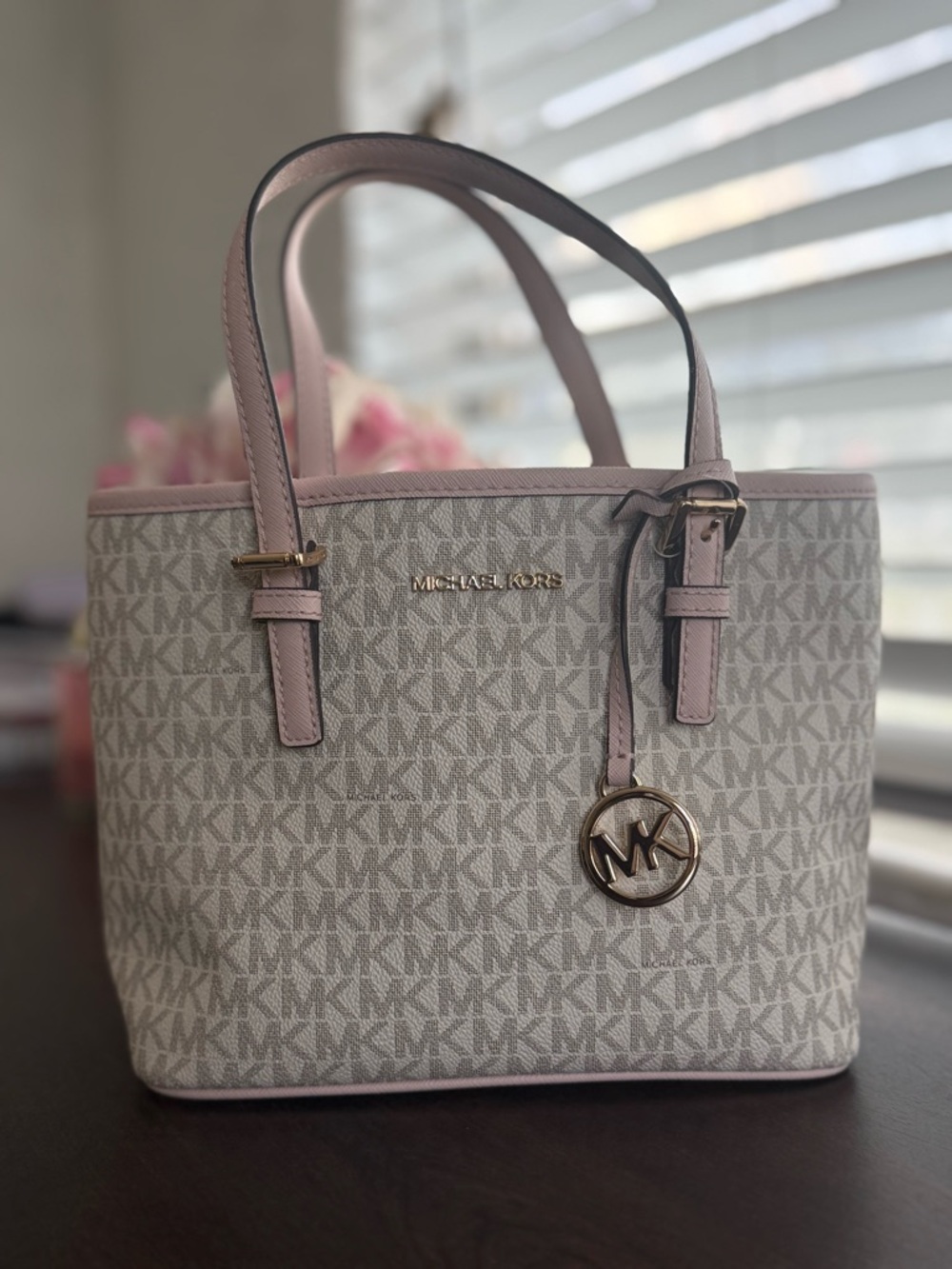 Michael Kors Pink MK Signature Canvas Tote with Gold Hardware